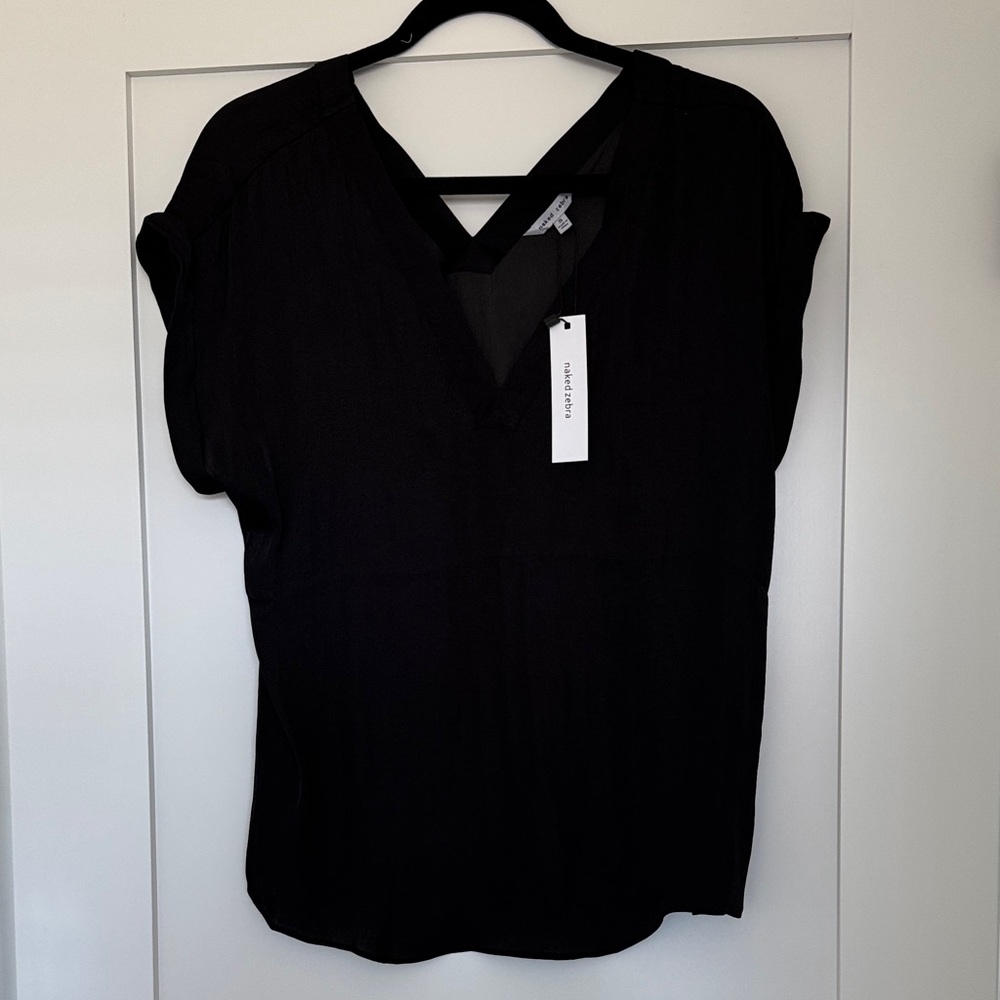 NWT Naked Zebra Black V-Neck Blouse, Small